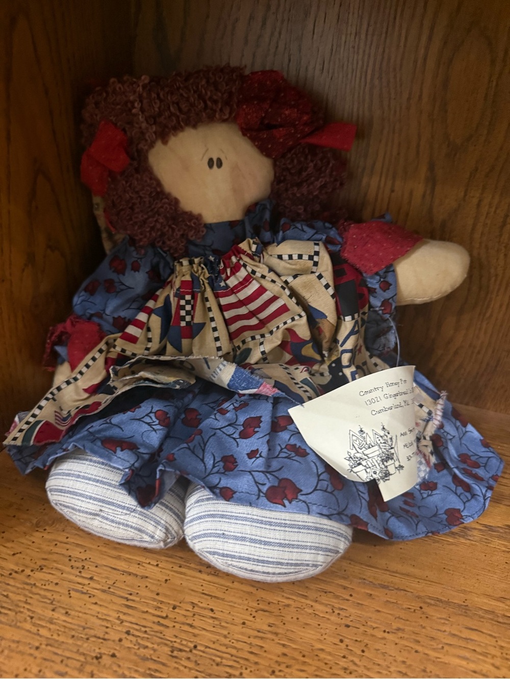 Handmade Rag Doll in Blue Floral Dress with Red Hair Bows